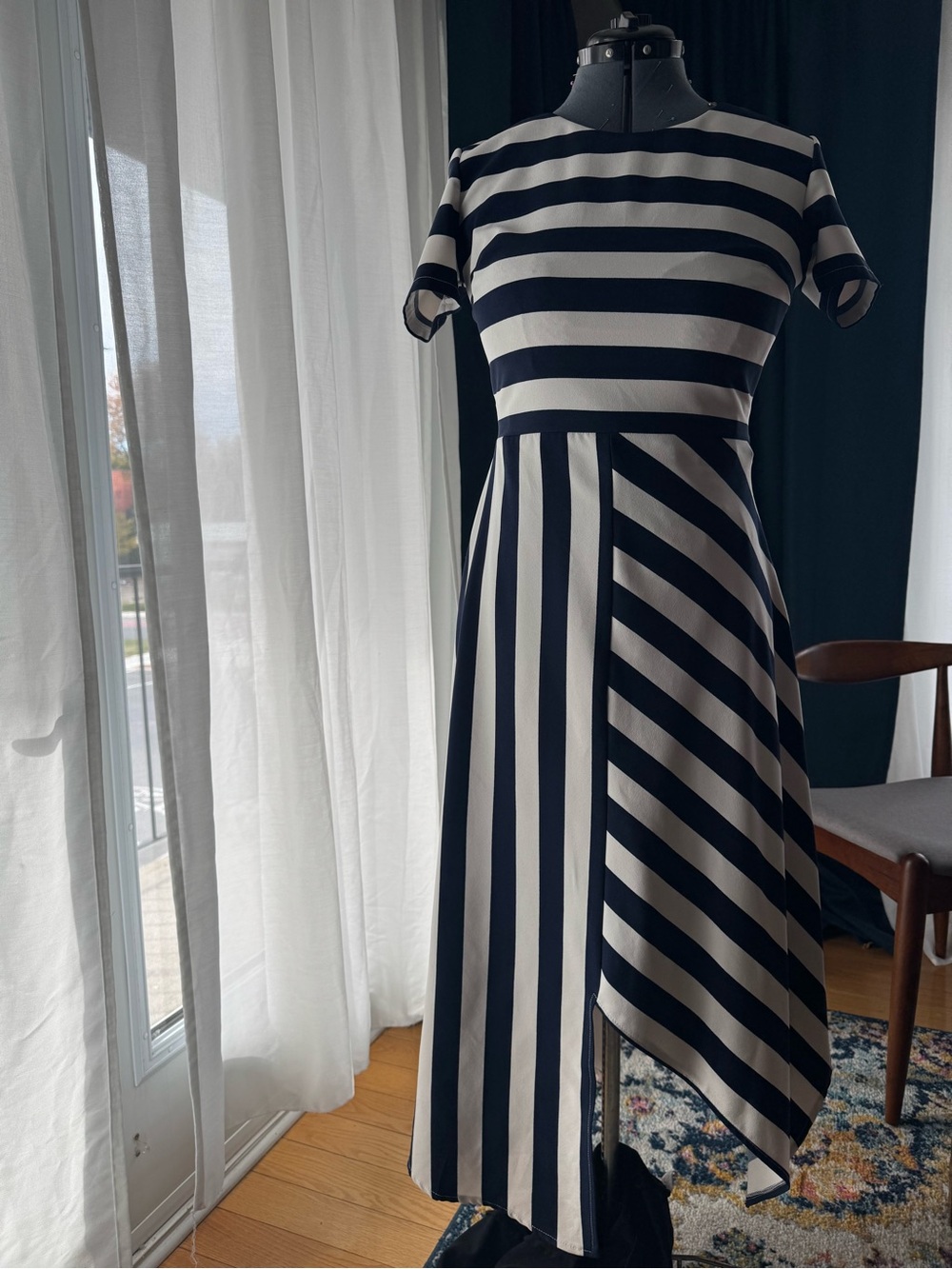Navy and White Striped Short-Sleeve Midi Dress